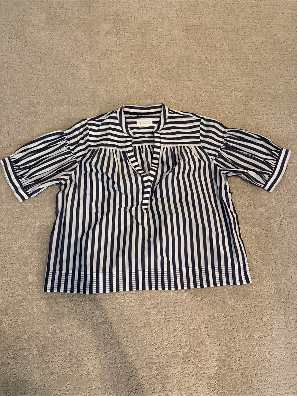 Anthropologie Navy and White Striped Short Sleeve Blouse